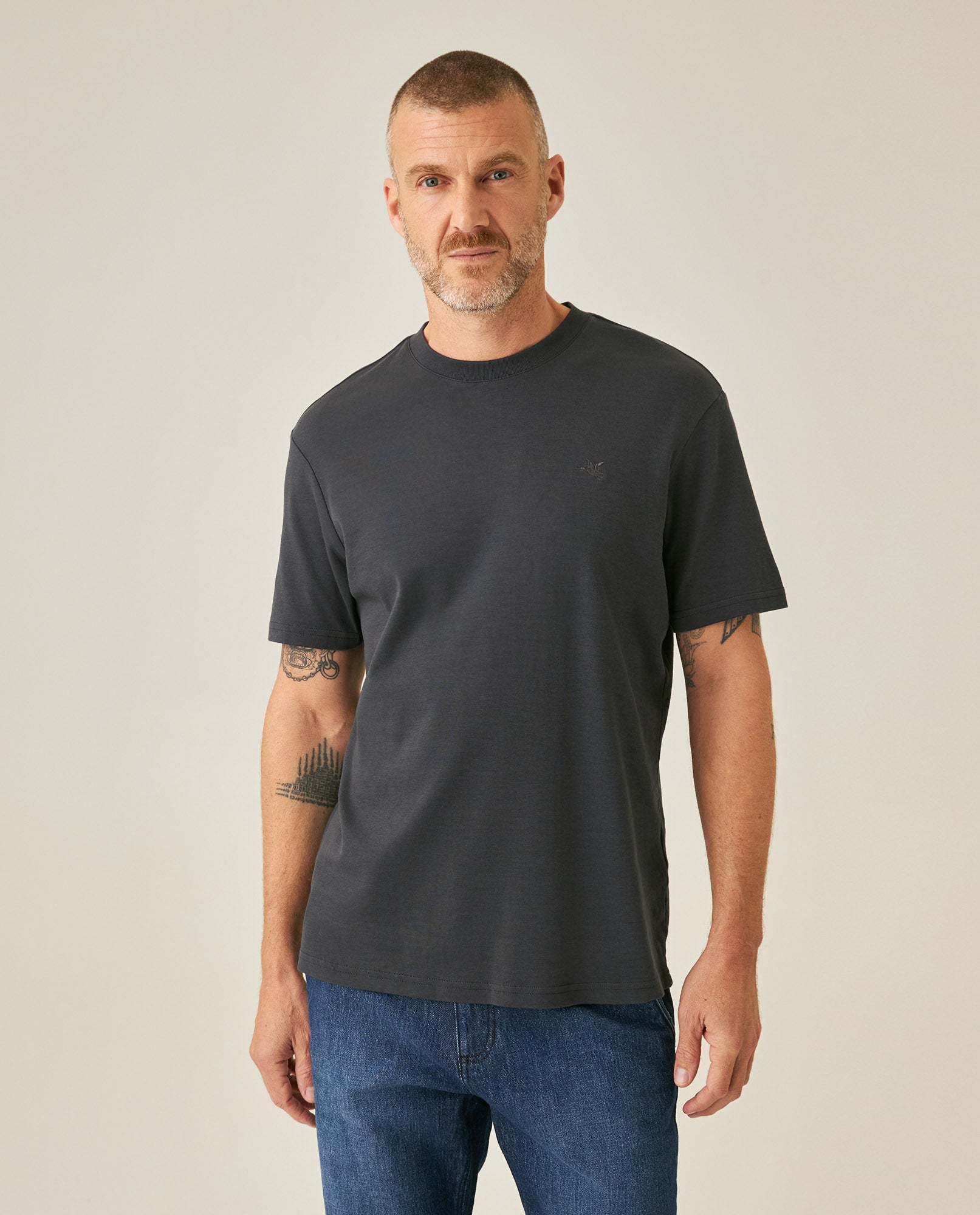 Mens T-Shirt Slim Fit Short Sleeve Cotton Jersey Double Knit Superior Durability Tone on Tone Duck Minimalist - Gray 63_641H040_GRI190000_0